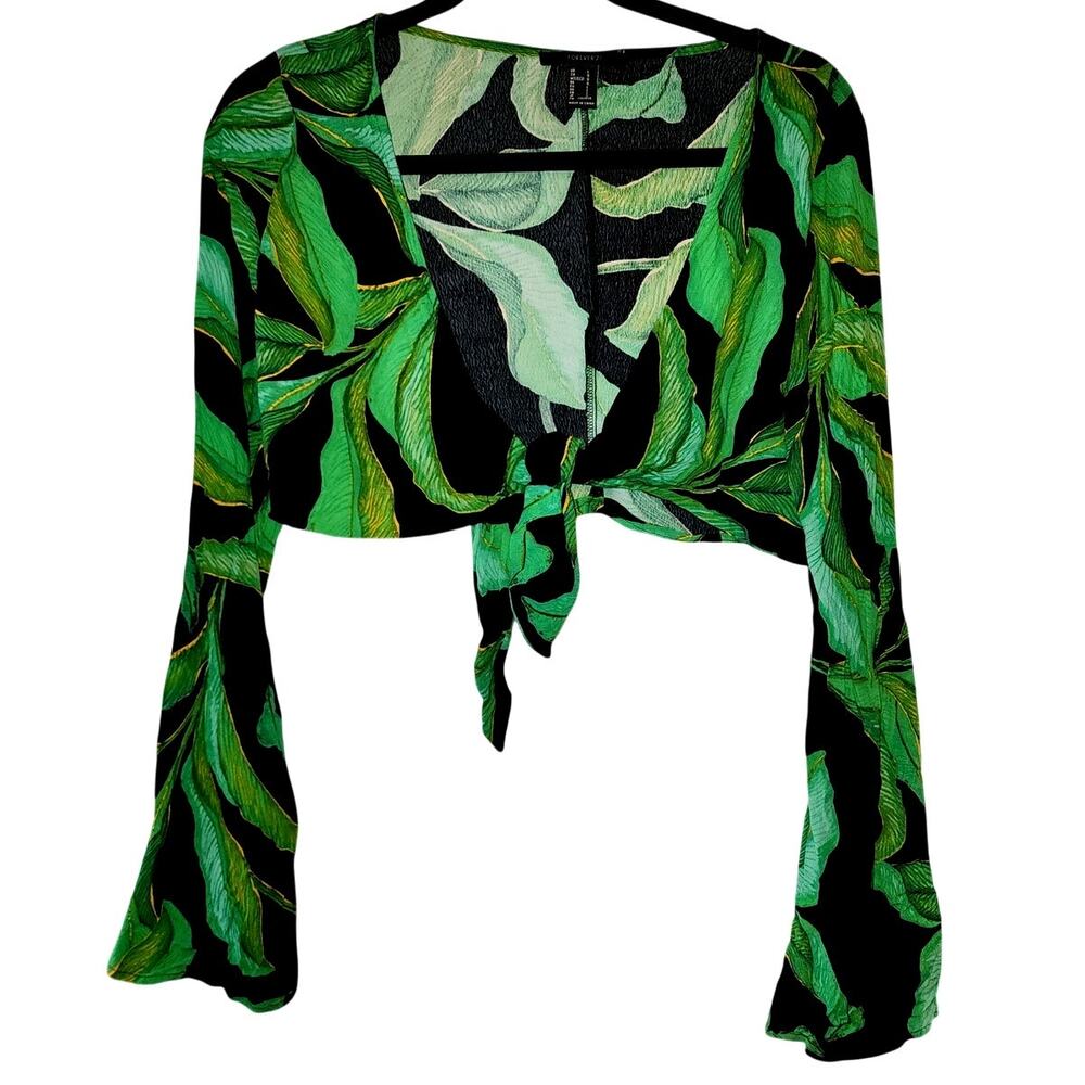 Forever 21 Tropical Palm Leaf Cropped Tie V-Neck Bell Long Sleeves Top Large